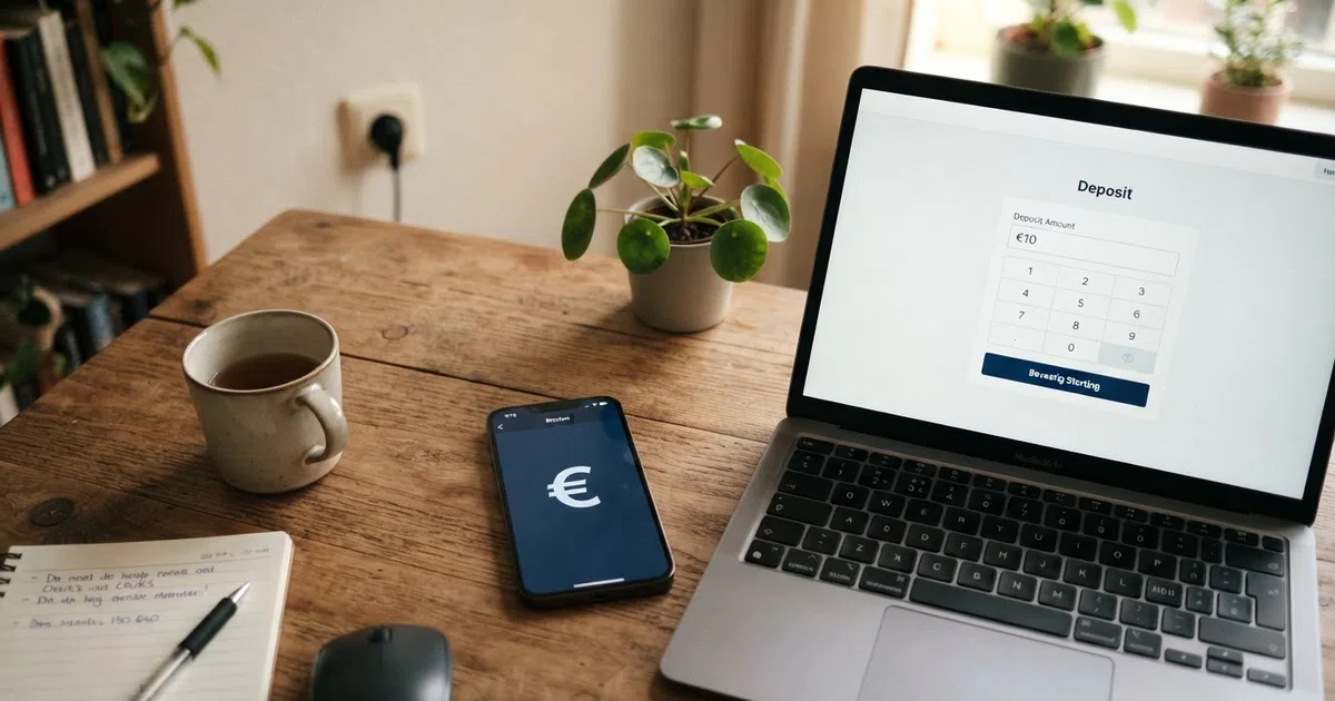 Een scherm met een online casino-stortingspagina waarop het bedrag van €10 is ingevuld, naast een smartphone met een Nederlandse bank-app