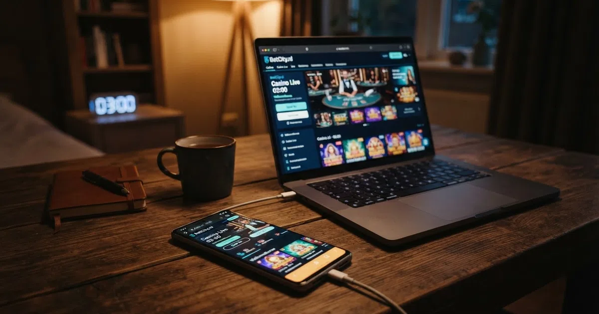 Een smartphone en laptop tonen beide de homepage van een Nederlands online casino, met op de achtergrond een klok die 03:00 aangeeft.