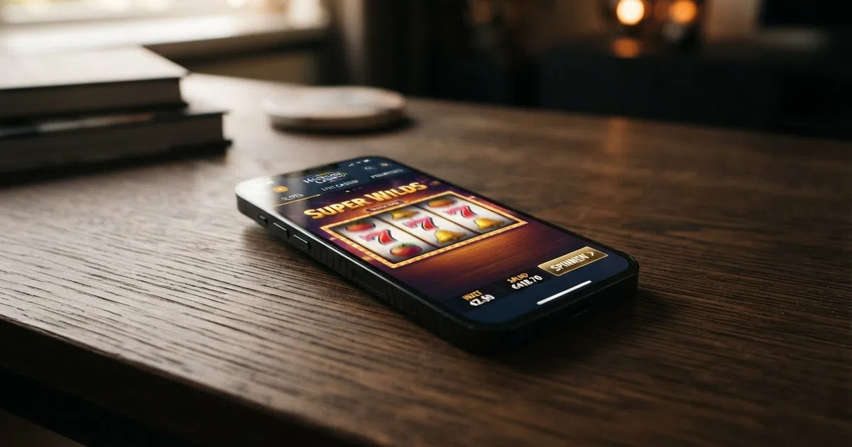 Een smartphone met daarop de interface van een Nederlandse casino app, met het spelaanbod zichtbaar op het scherm.