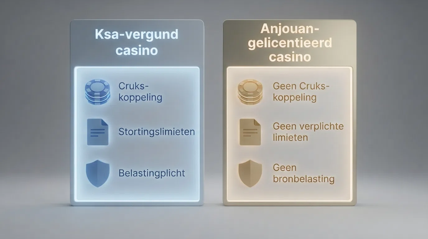 Twee kolommen die de bescherming van een Ksa-vergunning en een Anjouan-licentie tegenover elkaar zetten — met Cruks, stortingslimieten en belastingplicht als kernverschillen