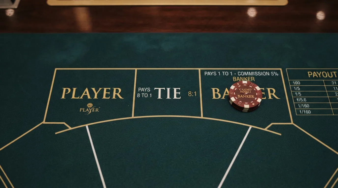 Een close-up van het baccarat-inzetveld met de drie vakken: Banker, Player en Tie, met daarnaast het uitbetalingsschema