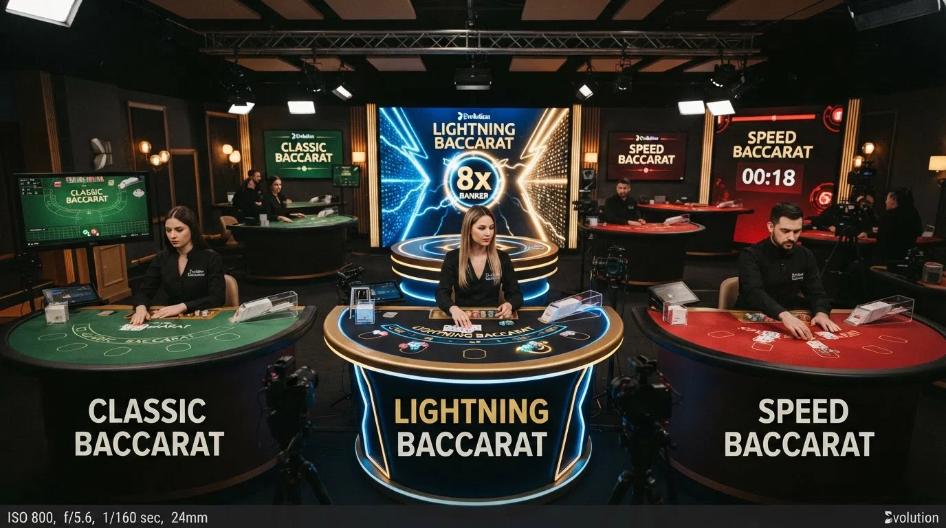 Drie verschillende live baccarat-tafels naast elkaar: een klassieke groene tafel, een Lightning-tafel met bliksemschichten en een Speed-tafel met timer