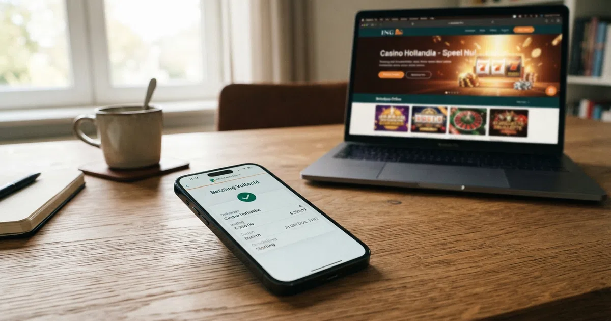 Een smartphone met het scherm van een Nederlandse bankapp die een iDEAL-betaling aan een online casino toont, met het casino-logo zichtbaar op de achtergrond van een laptop