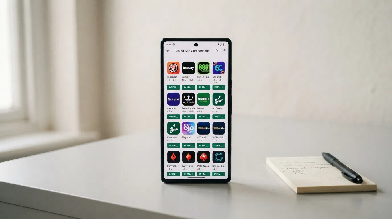 Overzicht van meerdere casino app-iconen op een Android-telefoon, met sterbeoordelingen en downloadknoppen uit de Play Store.