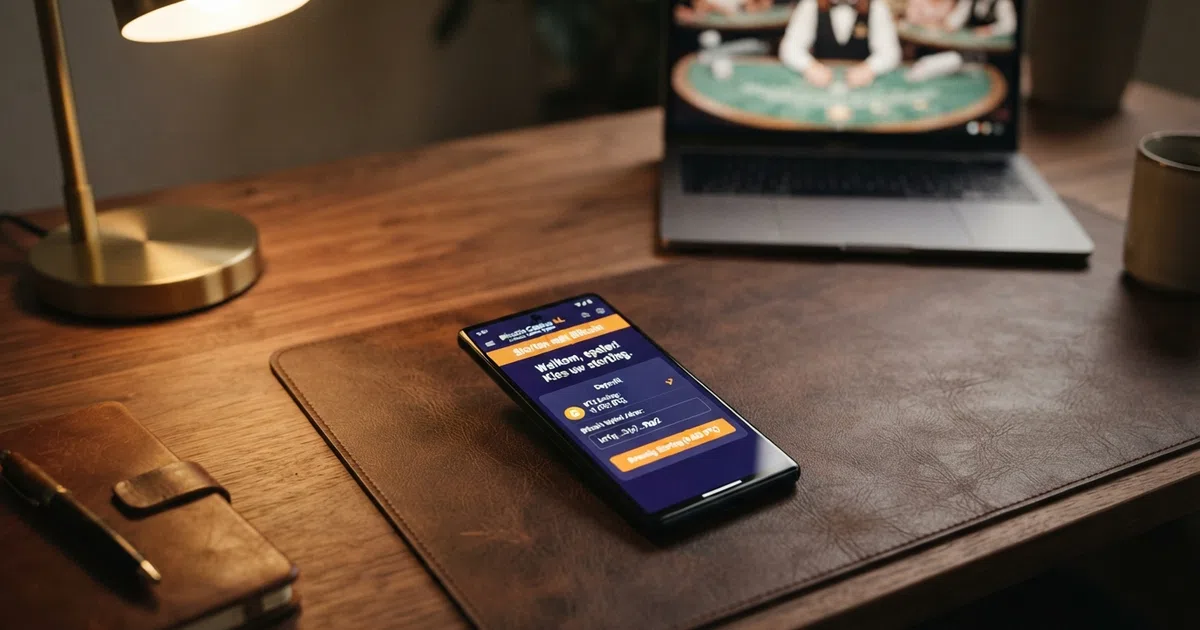 Een laptopscherm toont een bitcoin casino-interface met een wallet-adres en een stortingsdialoog in cryptocurrency