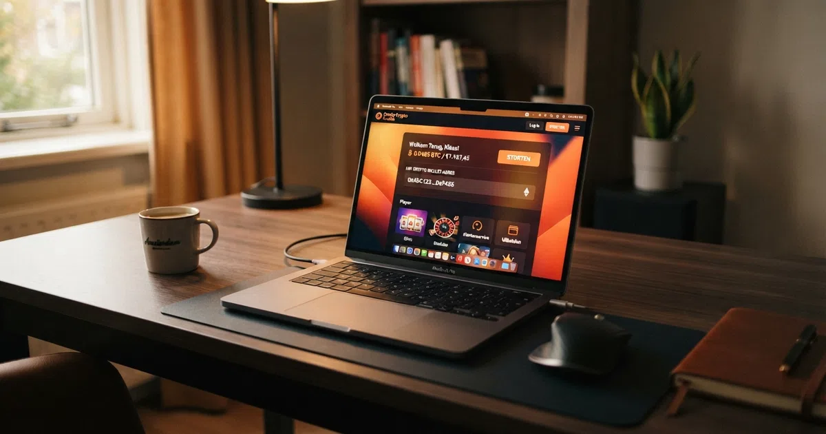 Een online casino-interface met een Bitcoin-stortingsknop en een crypto-wallet-adres in beeld op een laptopscreen