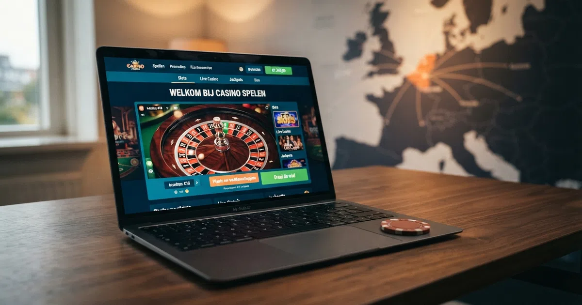 Een laptopscherm met een casino-interface in het Nederlands, met op de achtergrond een vervaagde kaart van Europa waarop Nederland oplicht
