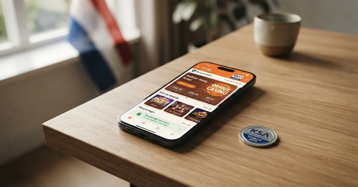 Een smartphone met daarop het startscherm van een Nederlandse casino app, naast een KSA-keurmerk en Nederlandse vlag