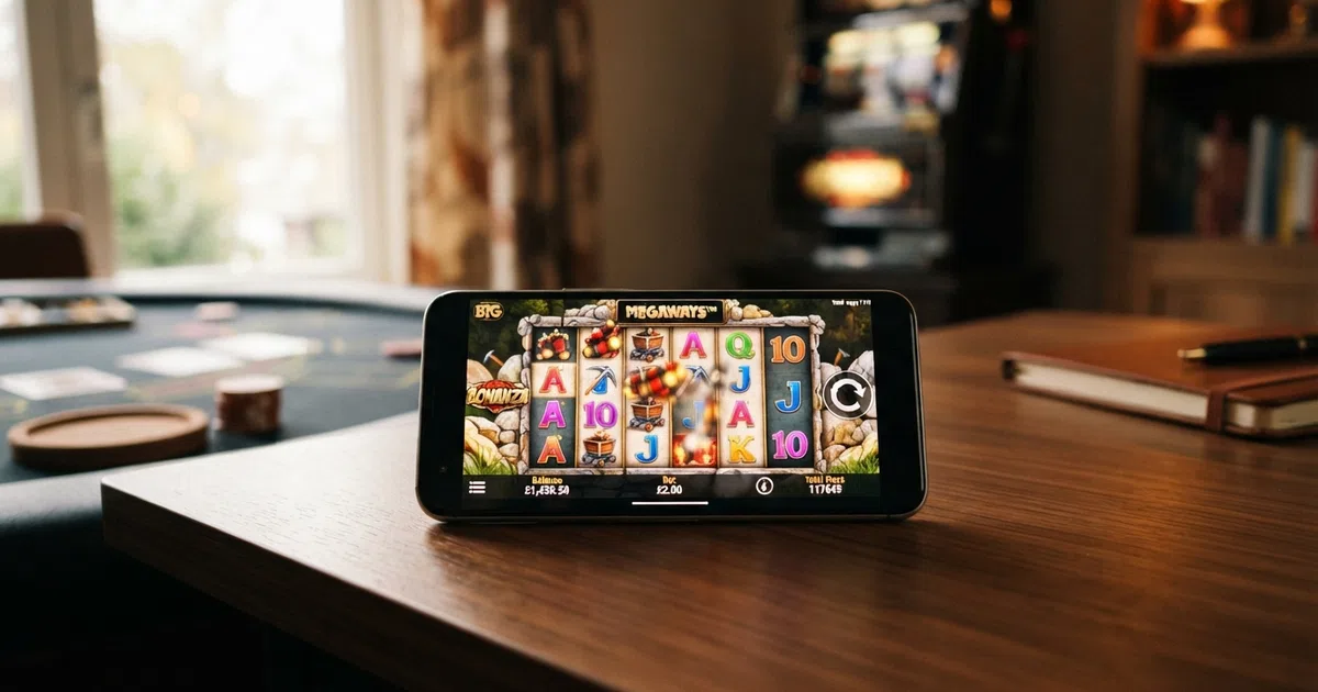 Big Time Gaming-logo op een scherm met Megaways-slots en goudmijnvisuals