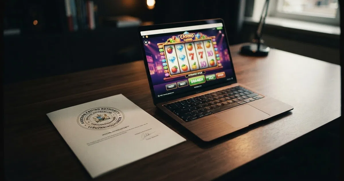 Een laptopscherm met een online casino-interface en het officiële zegel van de Anjouan Gaming Authority ernaast