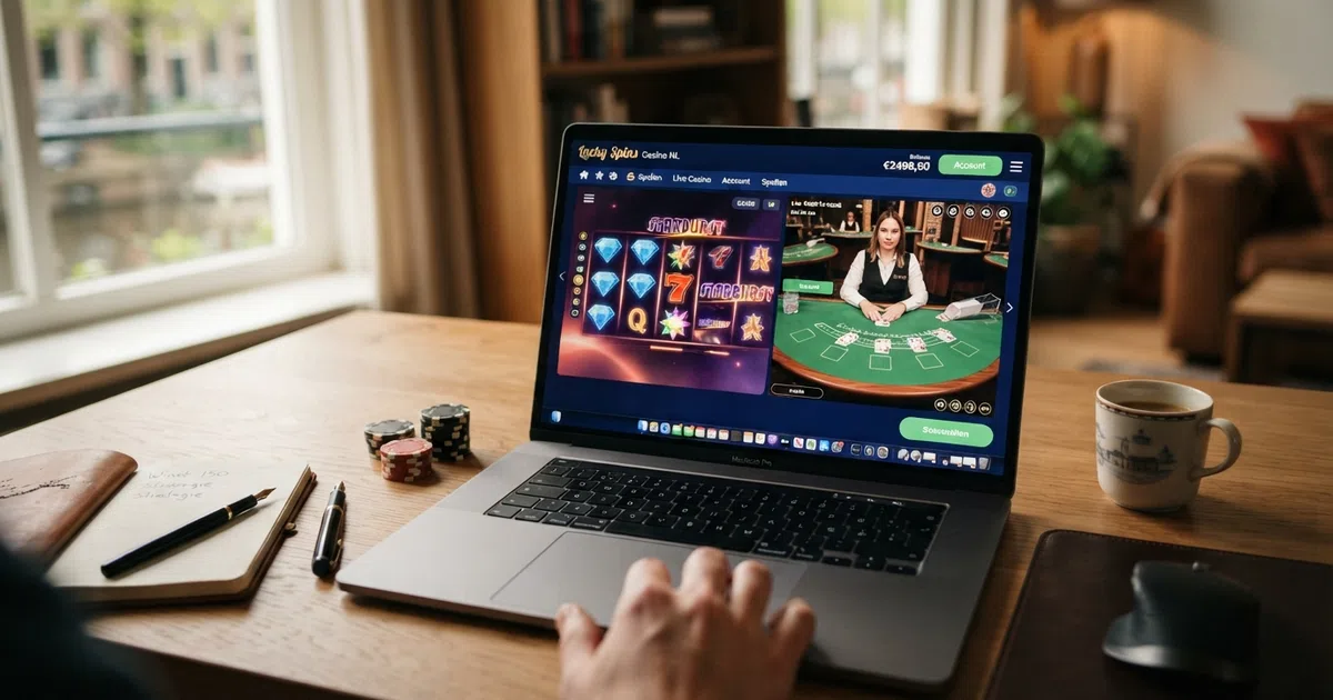 Een laptopscherm met een online casino-interface, met slots, live-dealertafels en een saldo-weergave zichtbaar
