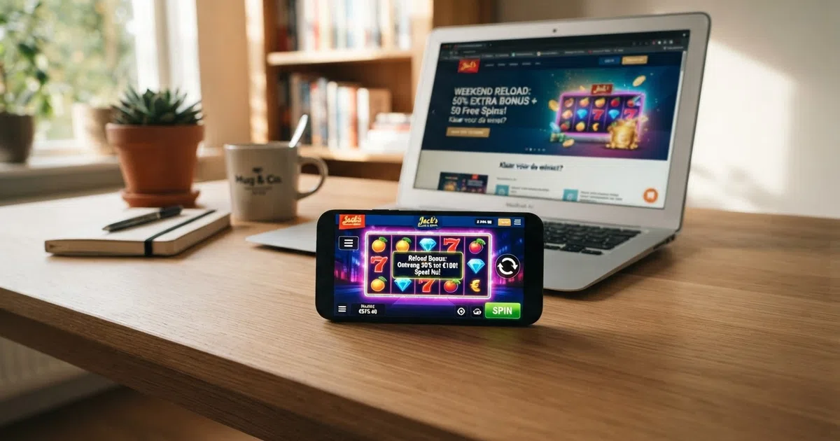 Een online casino scherm met een reload bonus aanbieding, met de stortingsknop en bonusvoorwaarden zichtbaar