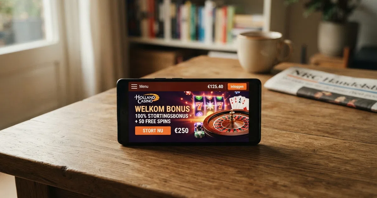 Close-up van een smartphone met daarop een online casino-aanbod voor een stortingsbonus en een stortingsknop