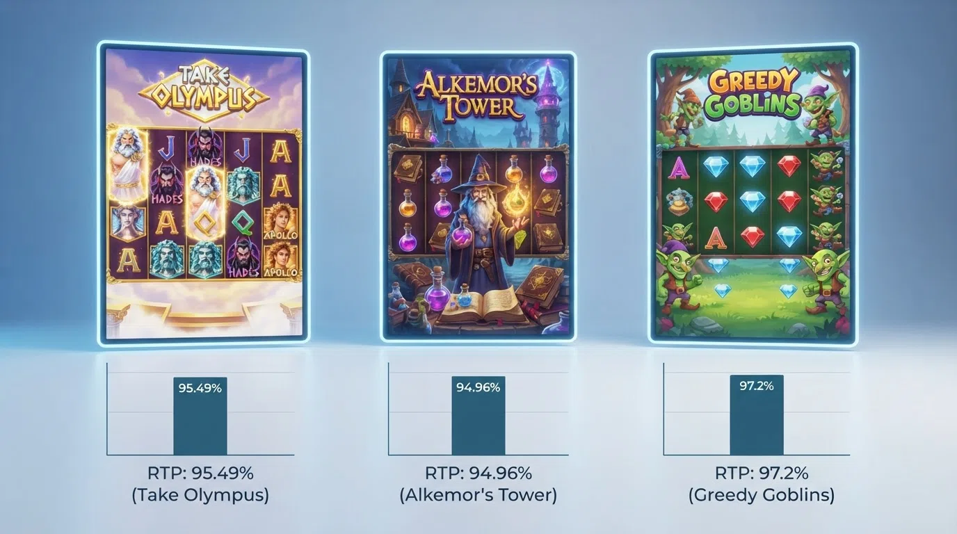 Drie Betsoft-slot-tegels naast elkaar — Take Olympus, Alkemor's Tower en Greedy Goblins — met het RTP-percentage onder elke titel