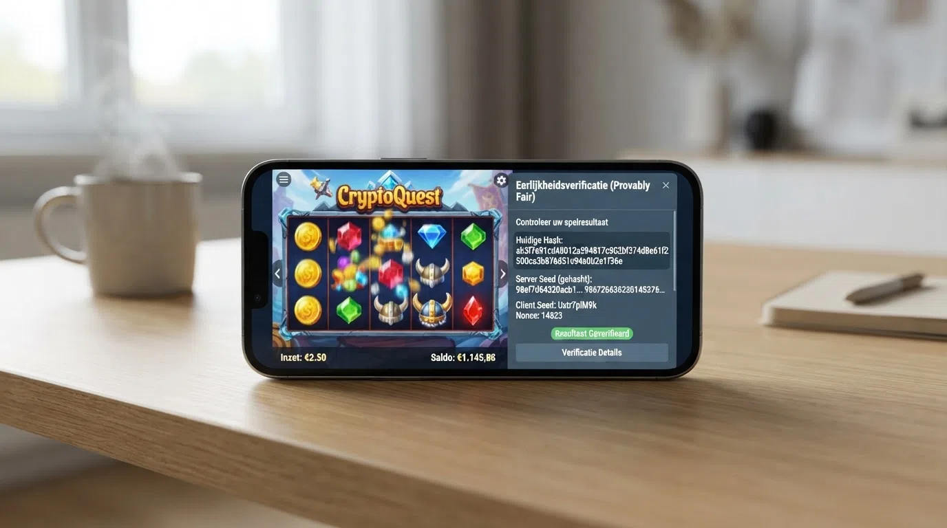 Een gokkast-scherm met een 'provably fair'-verificatievenster ernaast waarin een hash-waarde zichtbaar is