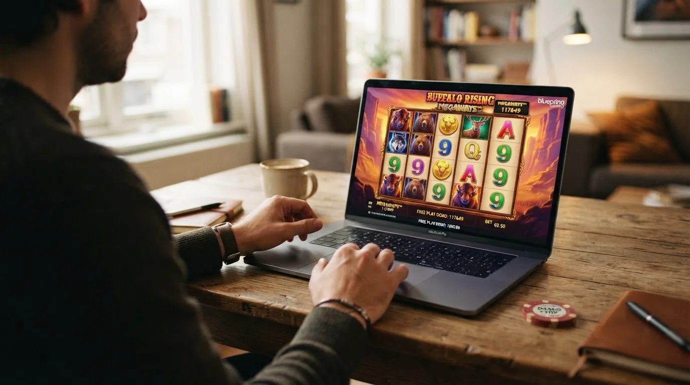 Een Blueprint-slot in demo-modus op een smartphone-scherm met speelgeldtegoed zichtbaar