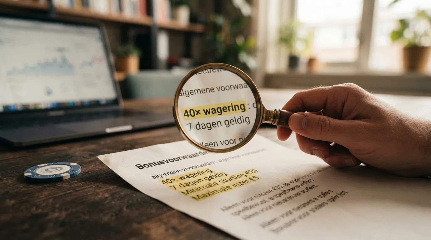 Een uitvergrote loep boven een bonusvoorwaarden-tekst, waarin '40× wagering' en '7 dagen geldig' met een markeerstift zijn aangestreept