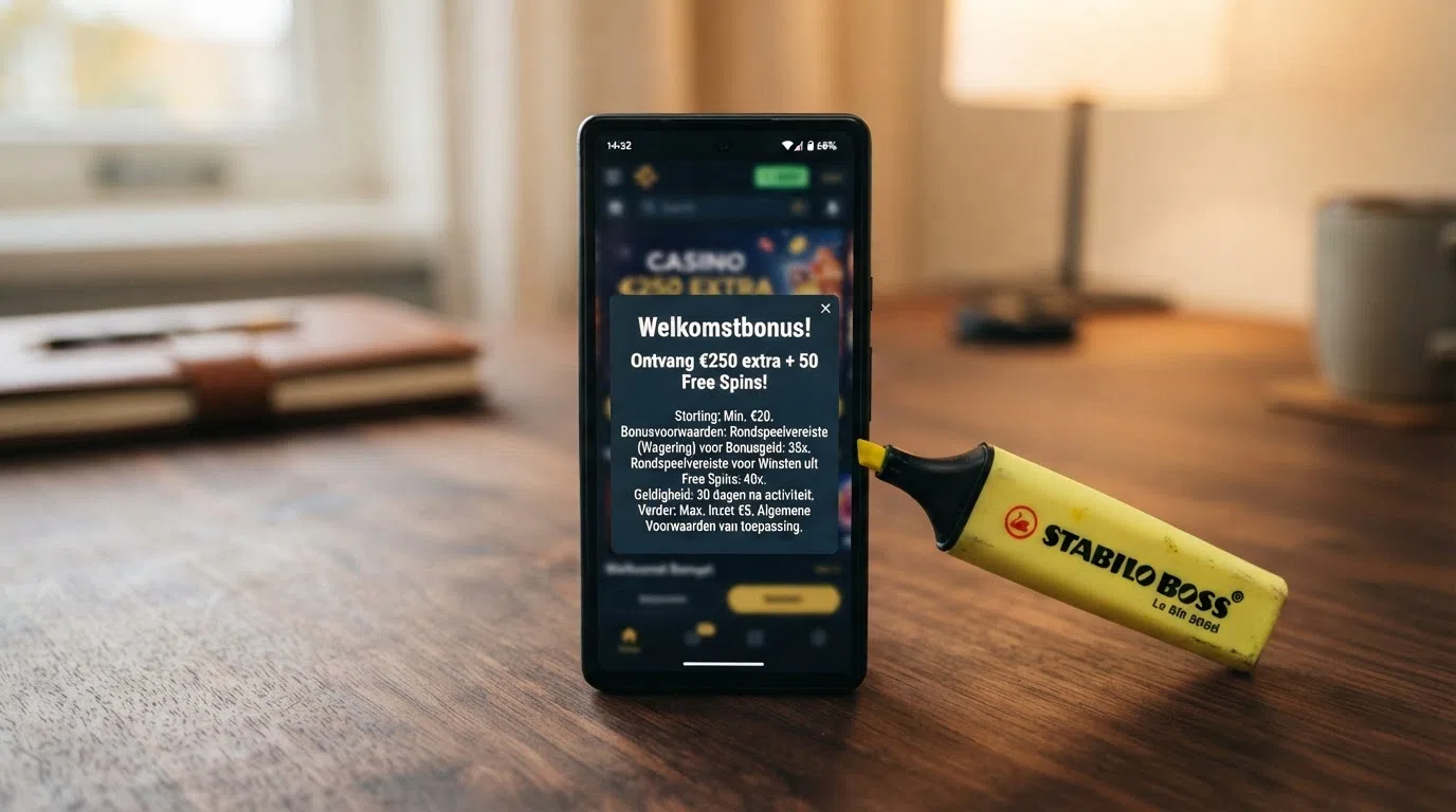 Een close-up van een welkomstbonus-popup op een casinowebsite, met een markeerstift die het inzetvereiste (35x/40x) en de geldigheidsduur accentueert
