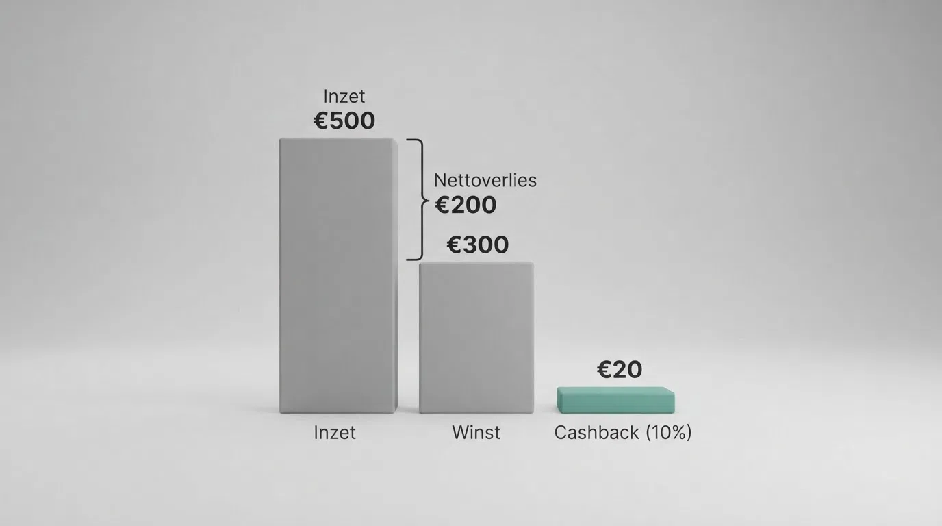 Infographic die laat zien hoe cashback wordt berekend: inzet minus winst is nettoverlies, en een percentage daarvan is je cashback