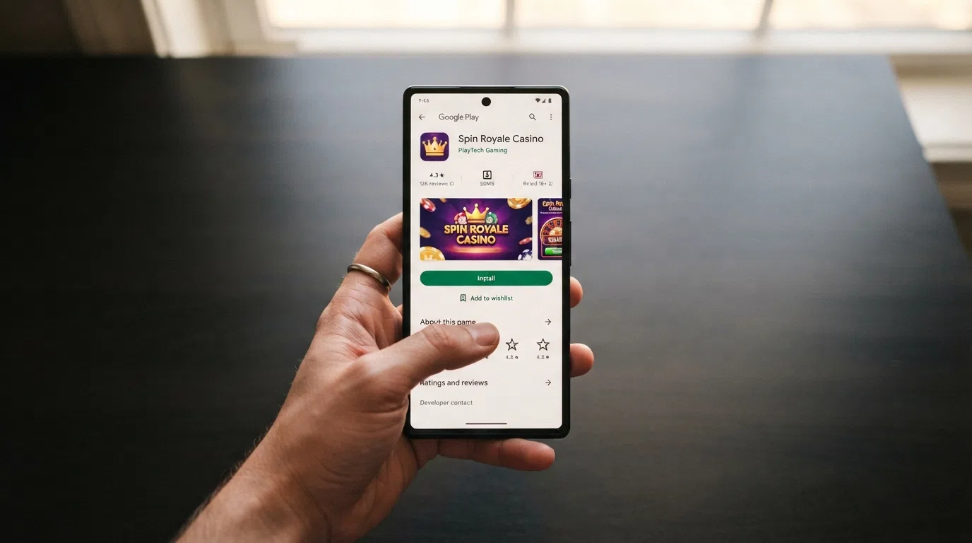 De Google Play Store-pagina van een casino app, met de installatieknop en app-informatie zoals grootte en beoordeling.