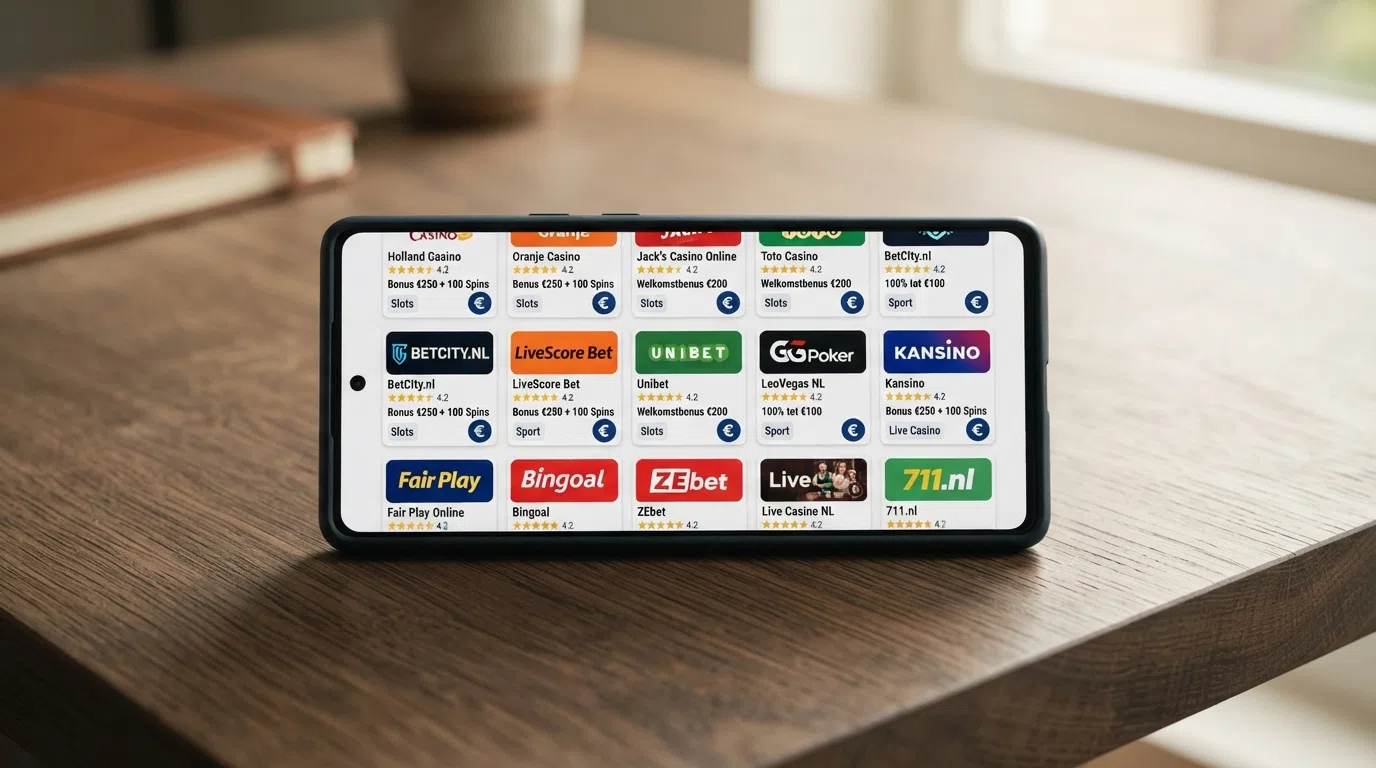 Een overzicht van meerdere KSA-vergunde casino apps naast elkaar op een smartphonescherm, met zichtbare sterbeoordelingen