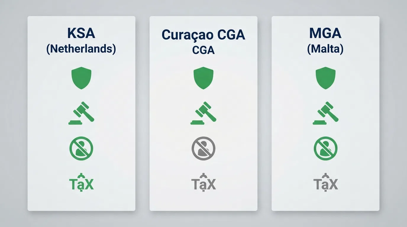 Drie kolommen naast elkaar: KSA, Curaçao CGA en MGA, met onder elke kolom icoontjes voor toezicht, geschillencommissie, Cruks-aansluiting en belastingafdracht.
