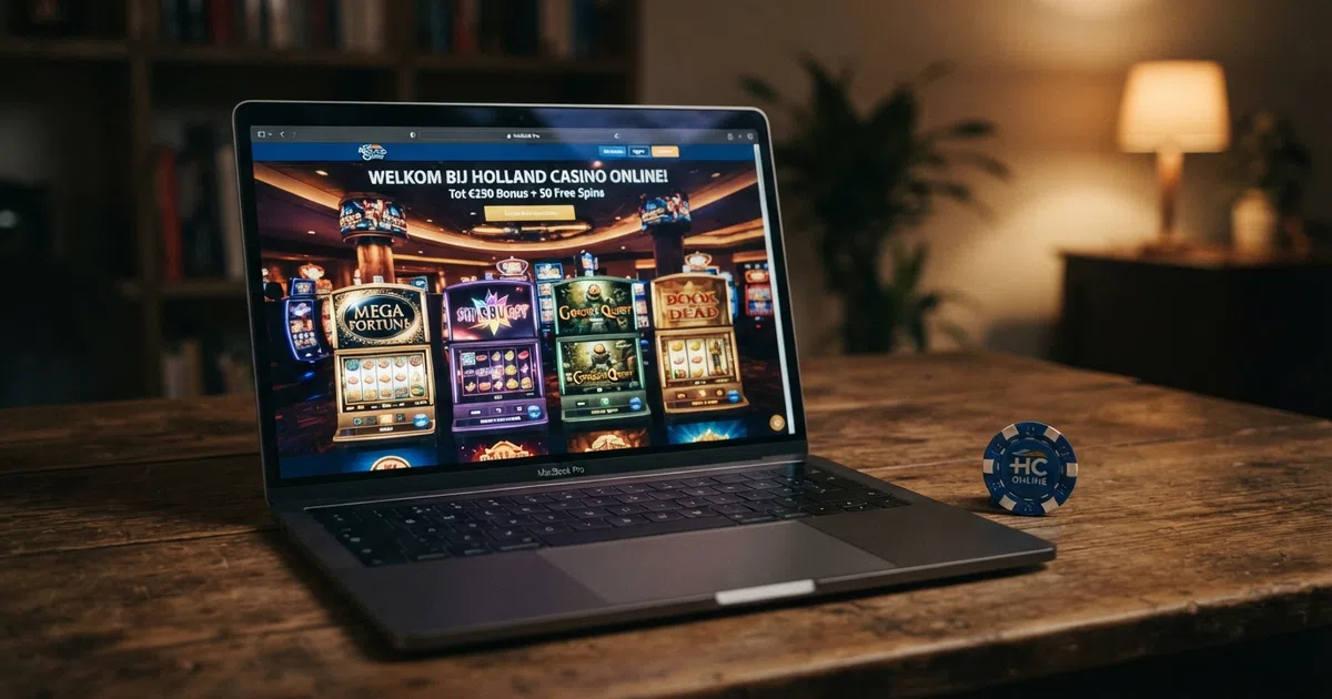 Een laptopscherm met daarop de lobby van een Nederlands online casino met gokkasten en een welkomstbonus-banner