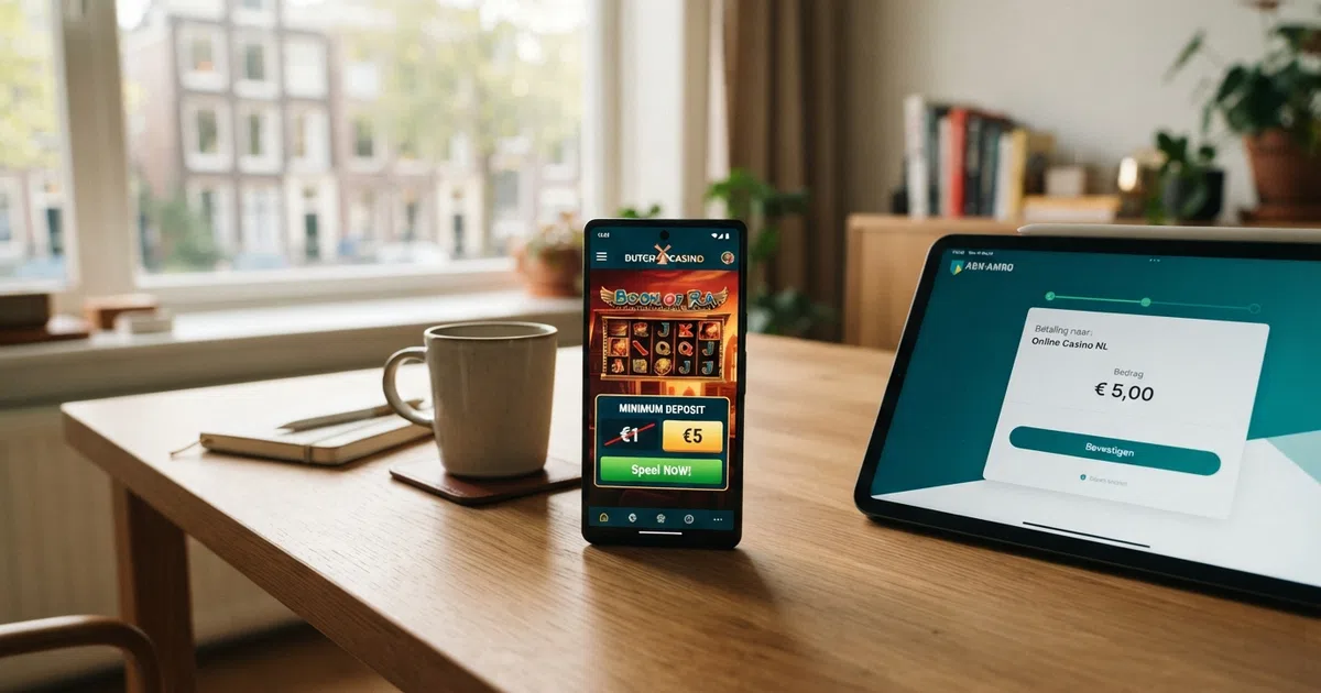 Een smartphone met een Nederlandse bank-app en iDEAL-logo naast een casino-interface met een doorgestreepte “€1” en een groene “€5”