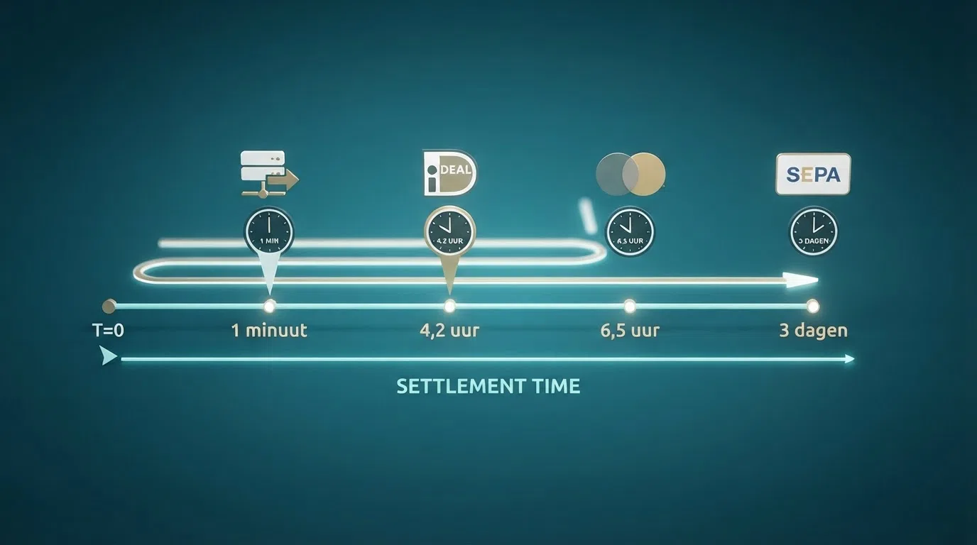 Een visuele tijdlijn van opnameverzoek tot bankrekening, met vier routes (Trustly, iDEAL, creditcard, SEPA) die elk op een ander punt eindigen — de snelste na 1 minuut, de traagste na 3 dagen