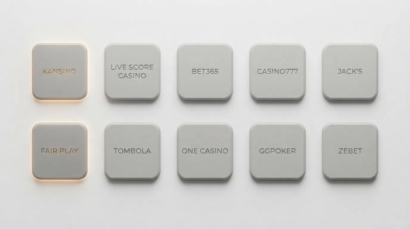 Tien Nederlandse casino-logo's in een raster, met de twee deposit-vrije aanbiedingen (Kansino en Fair Play) visueel uitgelicht ten opzichte van de overige acht