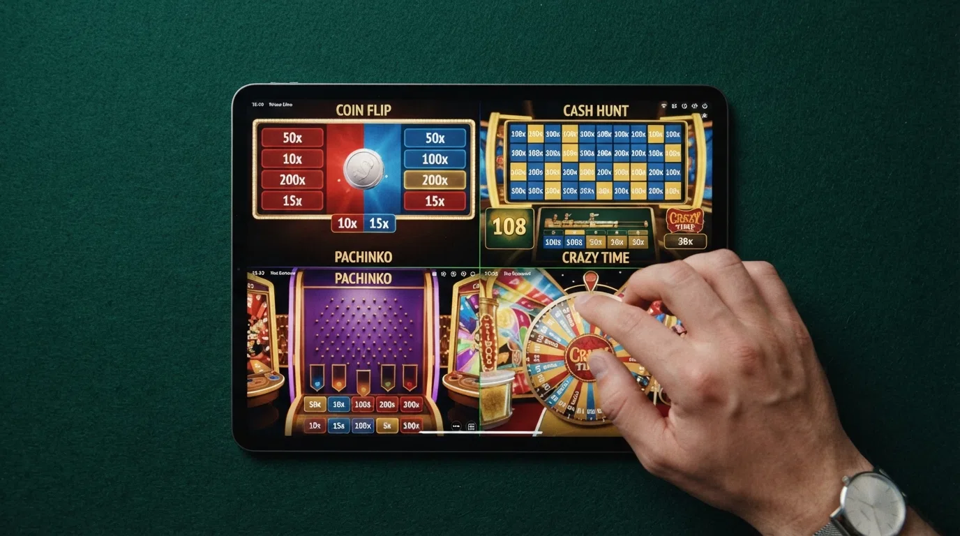 De vier Crazy Time-bonusspellen in actie: Coin Flip, Cash Hunt, Pachinko en het Crazy Time-rad