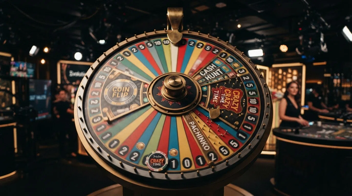 Het kleurrijke Crazy Time-spelwiel van Evolution Gaming met de vier bonussegmenten Coin Flip, Cash Hunt, Pachinko en Crazy Time