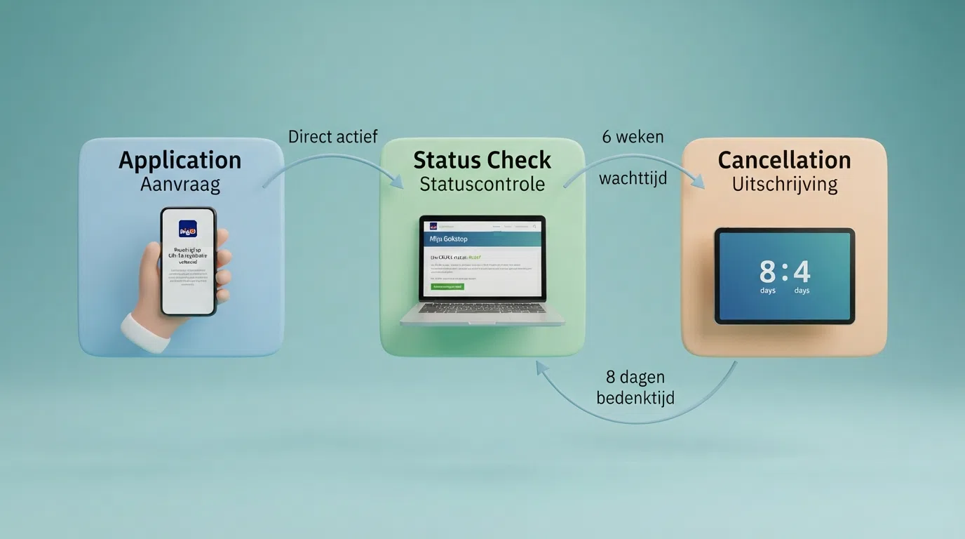 Een stroomschema dat de drie fasen van een Cruks-registratie toont: aanvragen via DigiD, inzien via mijn gokstop, en opzeggen met de verplichte bedenktijd van 8 dagen