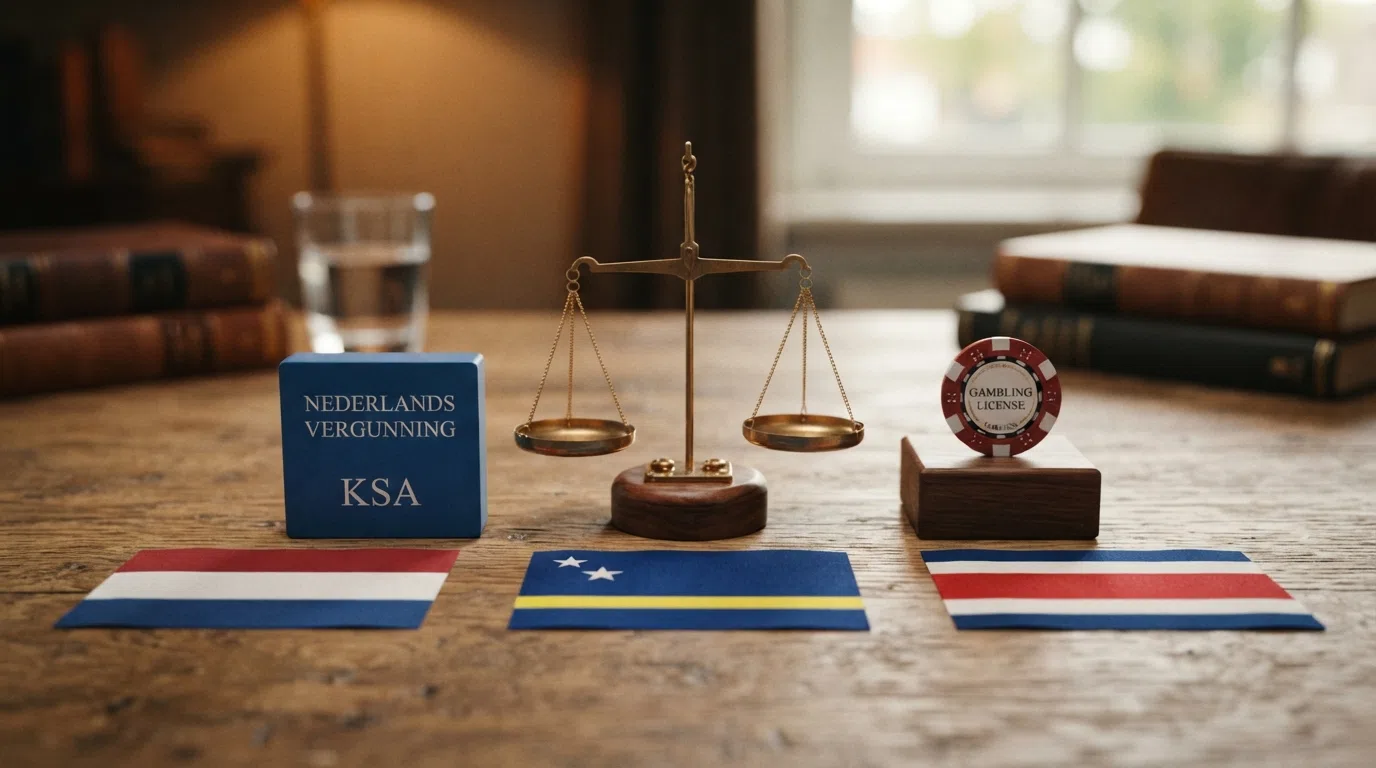 Het KSA-logo naast vlaggen van Curaçao, Malta en Costa Rica, met een weegschaal ertussen