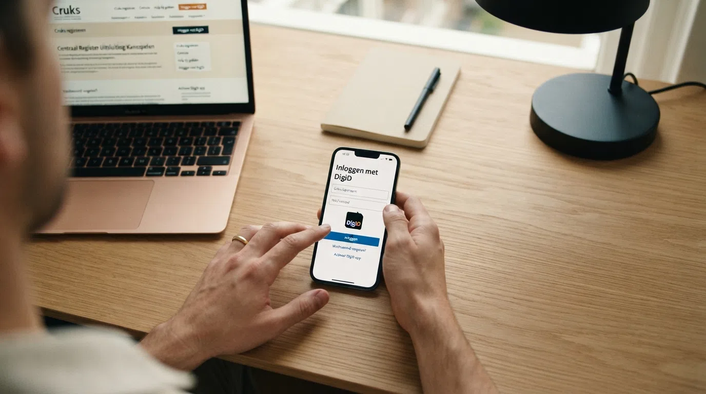 Een smartphone die het DigiD-inlogscherm toont met op de achtergrond vaag zichtbaar de Cruks-website met de tekst 'Centraal Register Uitsluiting Kansspelen'.