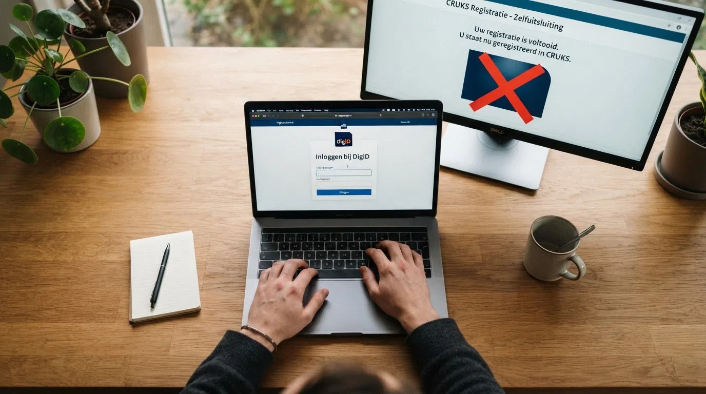 Een laptopscherm met de DigiD-inlogpagina en daarachter het CRUKS-registratiescherm, met een rood kruis door een casino-logo zonder KSA-keurmerk