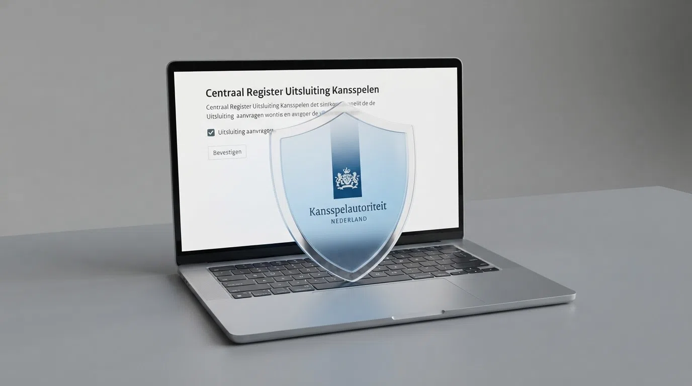 Een computerscherm met het CRUKS-registratiesymbool van de Kansspelautoriteit, een hangslot en de tekst “Centraal Register Uitsluiting Kansspelen”