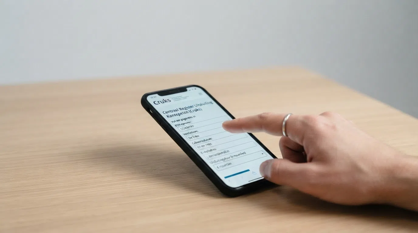 Een smartphone toont de registratiepagina van het Cruks-register met invulvelden voor persoonsgegevens en de keuze voor een uitsluitingsduur