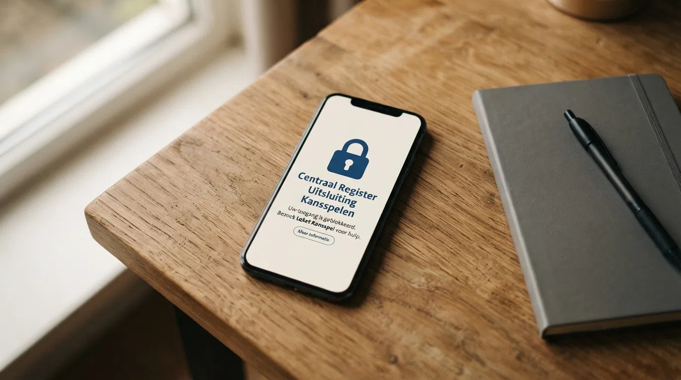 Een interface met een hangslot-icoon en de tekst 'Centraal Register Uitsluiting Kansspelen' op een scherm