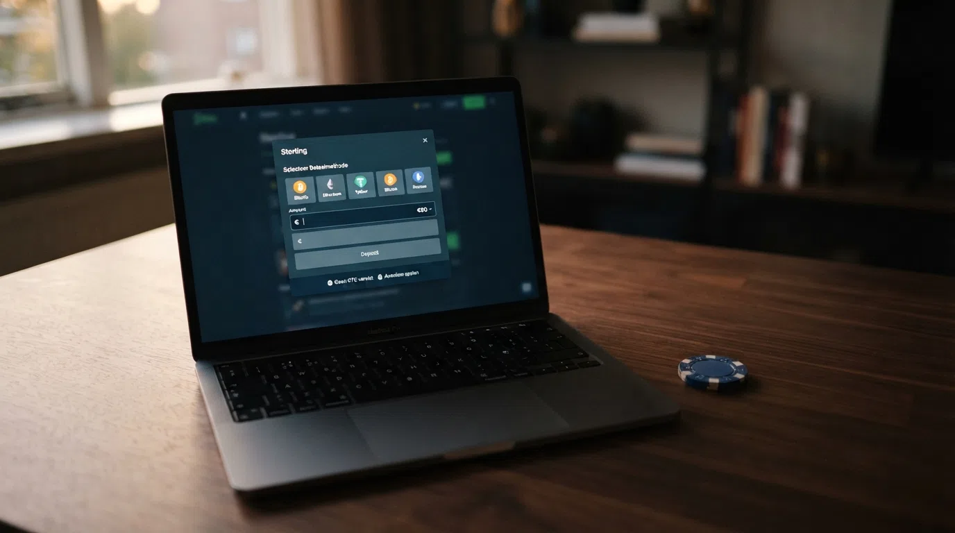 Een laptopscherm met een crypto-casino-interface waarop een Bitcoin-storting wordt gesimuleerd, met een fysieke Bitcoin-munt ernaast