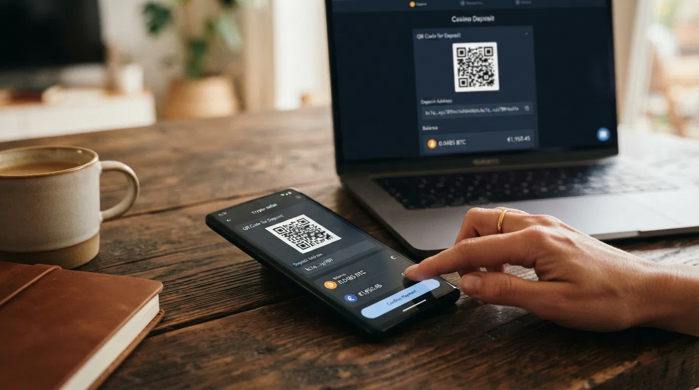 Een smartphone met een crypto-wallet-app die een QR-code toont naast een casino-stortingsscherm met een wallet-adres, geen naamvelden zichtbaar