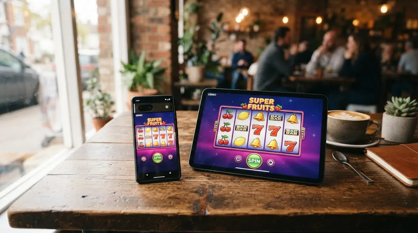 Een smartphone en een tablet naast elkaar op een cafétafel, beide met een kleurrijke online fruitautomaat in gratis speelmodus
