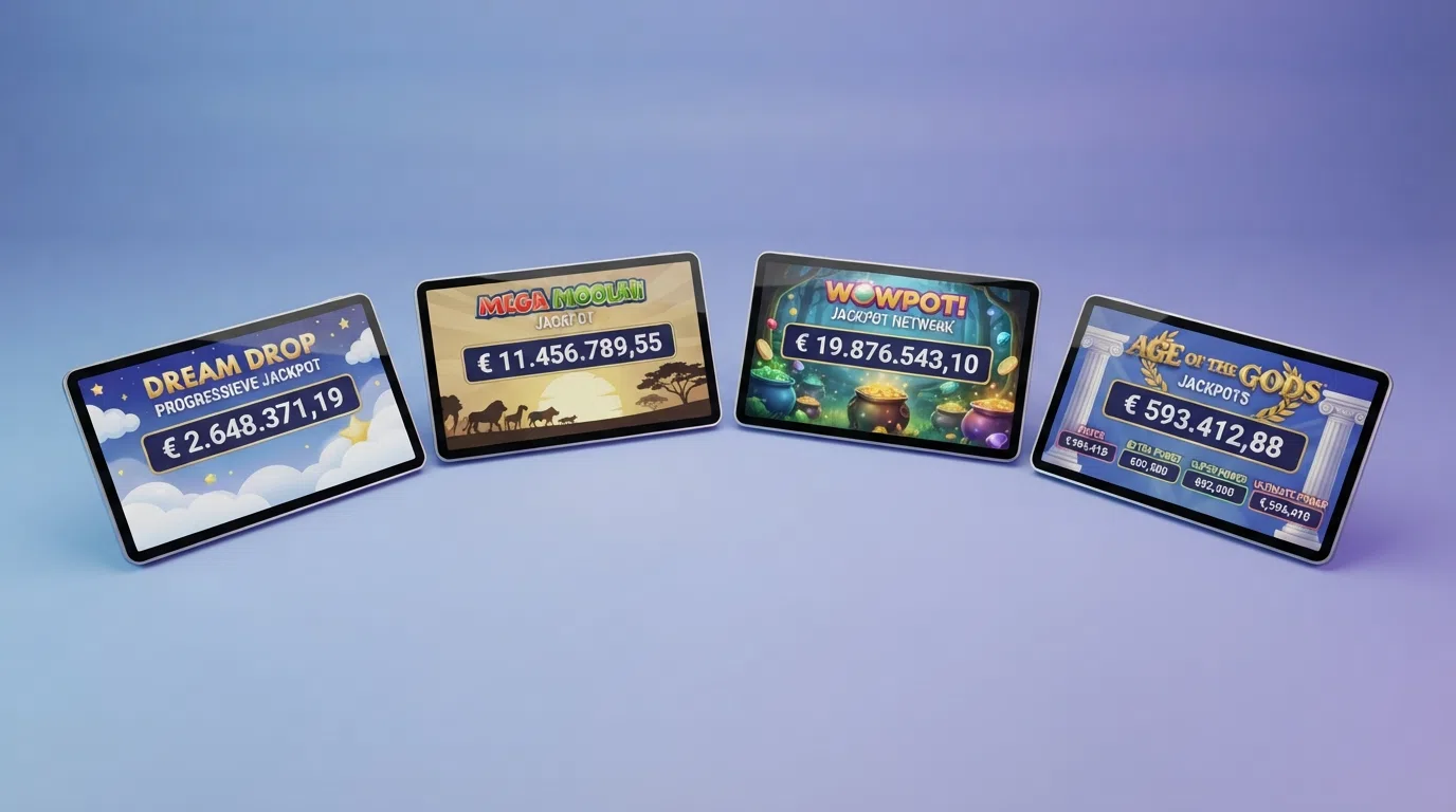 De logo's van de vier grote jackpot-netwerken — Dream Drop, Mega Moolah, WowPot en Age of the Gods — naast de oplopende jackpot-bedragen in euro's