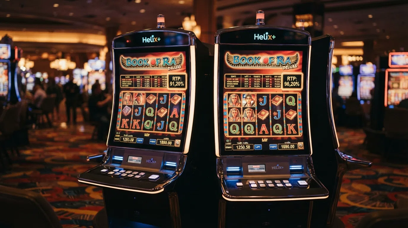 Dezelfde gokkast (bijvoorbeeld Starburst) twee keer naast elkaar, met RTP 91,20% bij het ene casino en 96,20% bij het andere — het verschil van 5 procentpunt visueel uitvergroot
