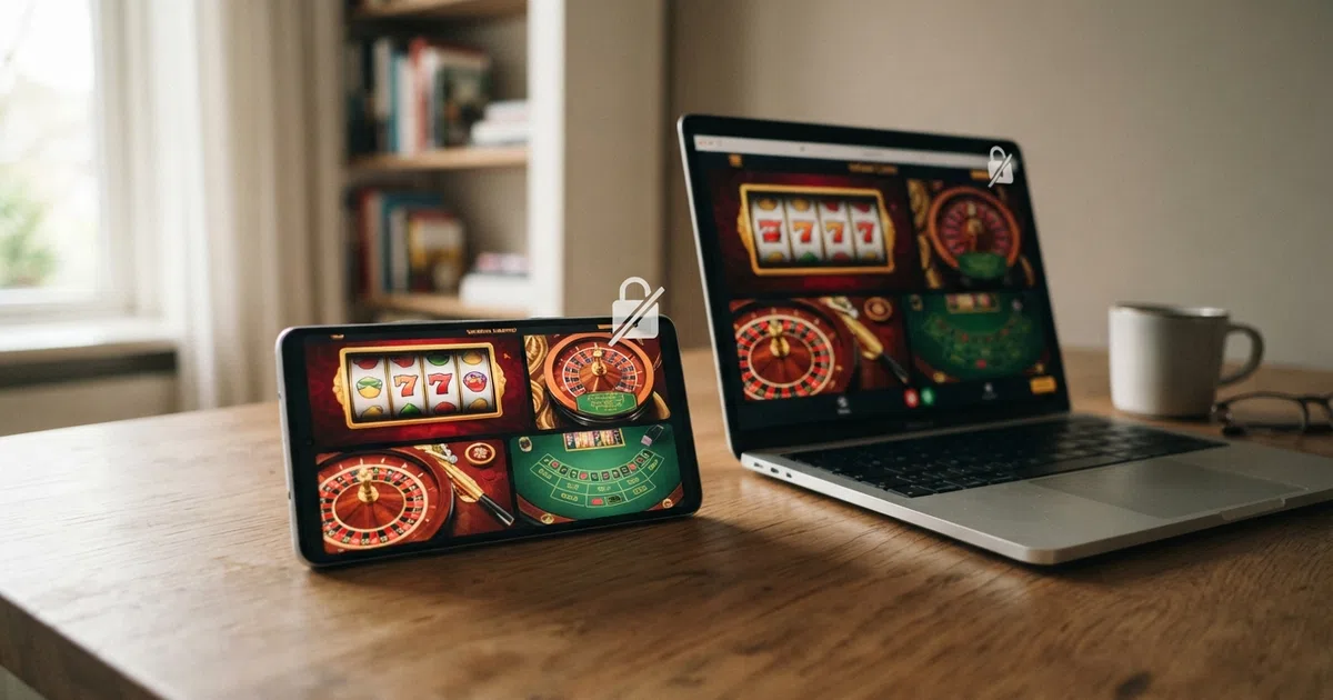 Een scherm met een online casino-interface naast een smartphone, met het Cruks-logo en een doorgestreept slot-symbool