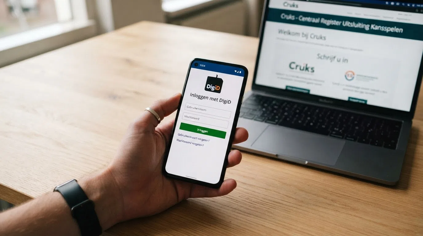Een smartphone met het DigiD-inlogscherm en op de achtergrond de Cruks-inschrijfpagina zichtbaar