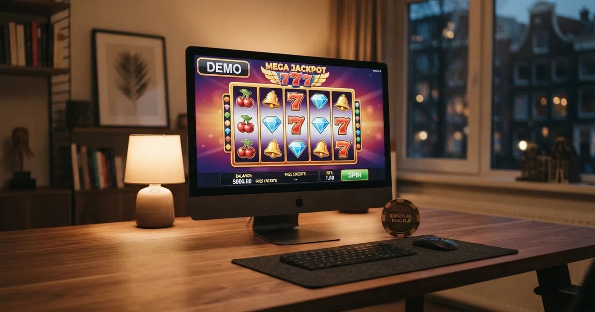 Een desktopscherm met een open online gokkast in demo-modus, het woord “DEMO” zichtbaar in de hoek van het spelvenster
