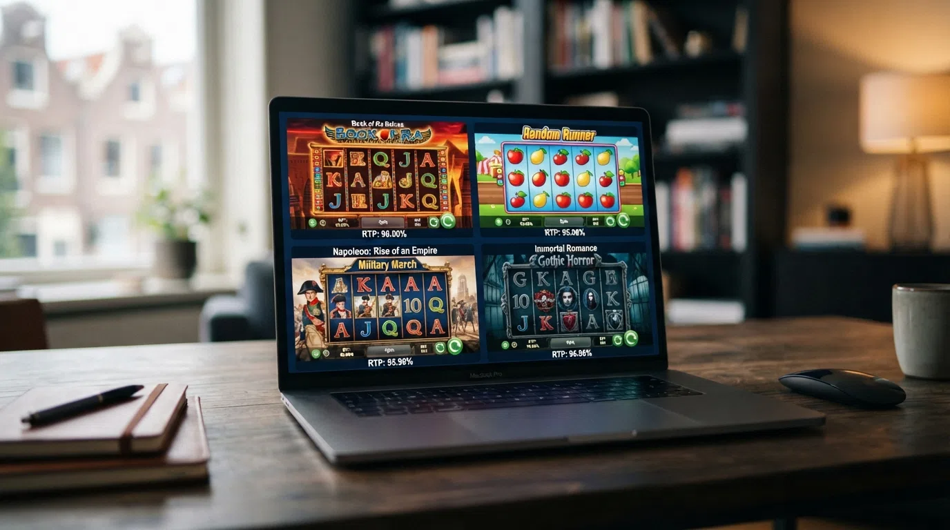 Vier gokkast-tegels van Book of 99, Mega Joker, Marching Legions en Blood Suckers naast elkaar, elk met hun providerlogo en RTP-percentage eronder