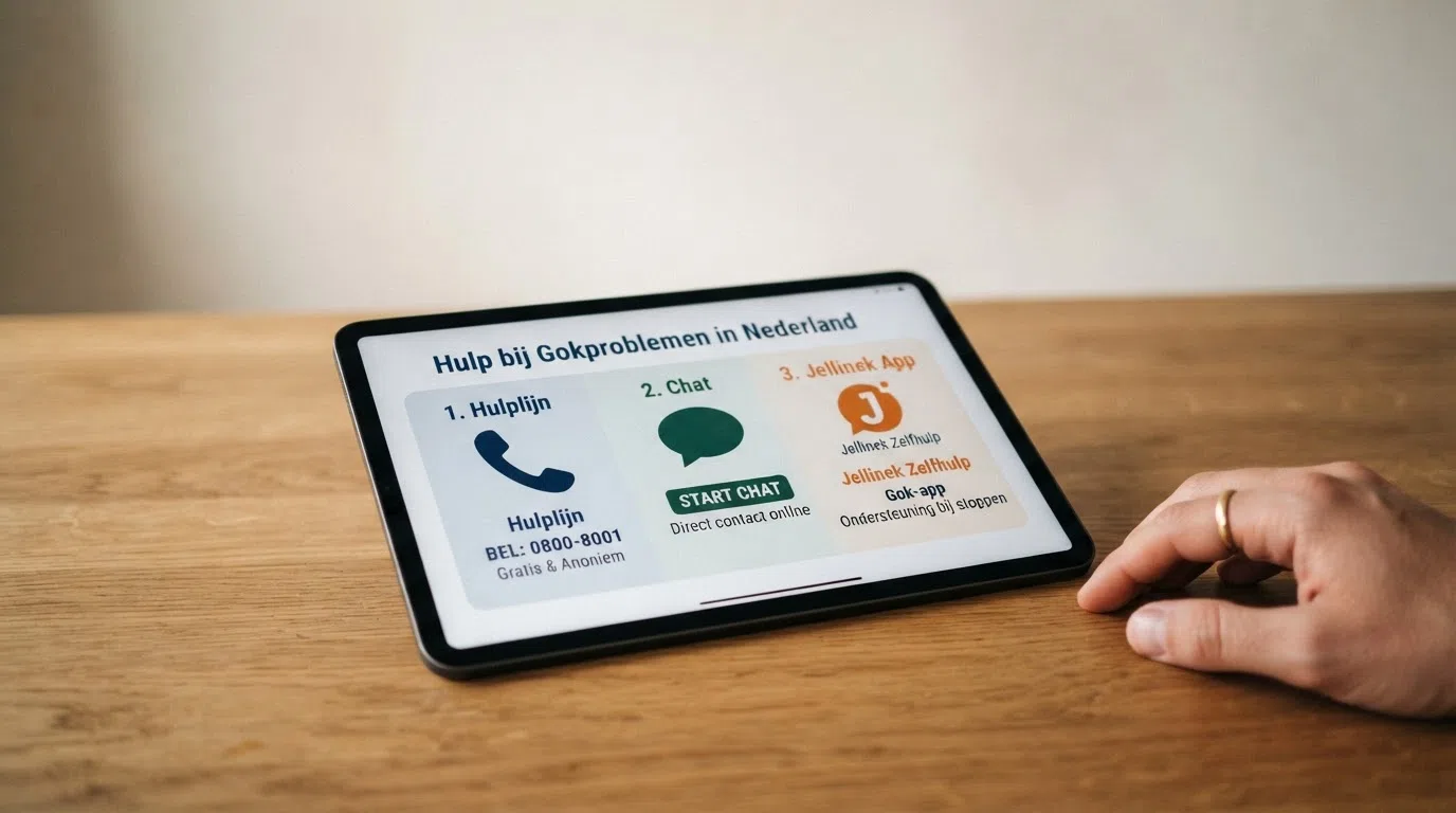 Een infographic met de drie belangrijkste hulpbronnen: het telefoonpictogram voor de hulplijn, een chatballon voor de chatfunctie en het Jellinek-app-icoon