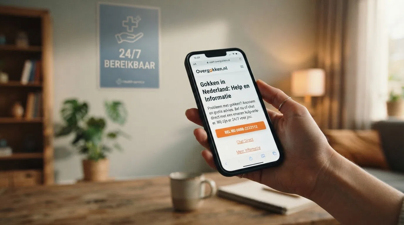 Een hand die een telefoon vasthoudt met daarop de site open.overgokken.nl, met op de achtergrond het Trimbos-logo en de woorden “24/7 bereikbaar”